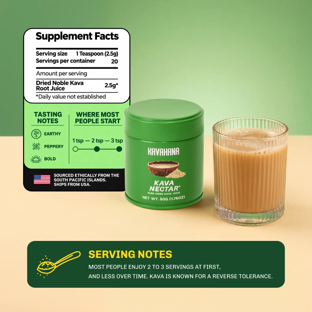 Supplement facts: 1 teaspoon of dried noble kava root juice per serving, 20 servings per 50g tin, tasting notes and where most people start