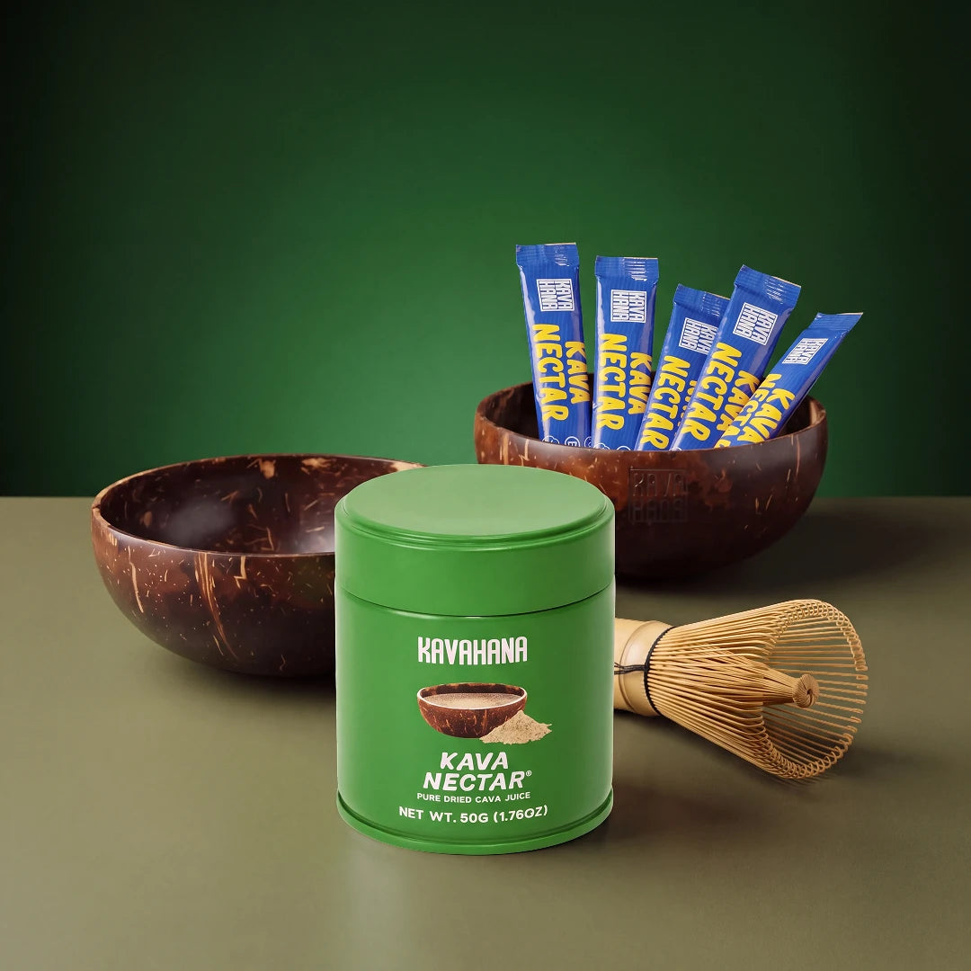 Kava Nectar Tin Starter Kit: 50g Kava Nectar tin, two coconut shell cups, bamboo whisk and 5 stick packs